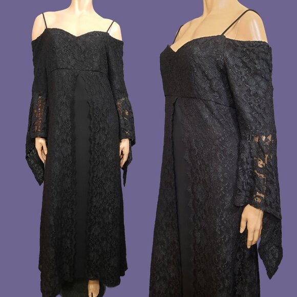 Gothic Witchy Medieval Maxi Dress M Long Bell Sleeves Black Lace Evening Wedding - Picture 1 of 12